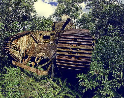 Rusted out Indiana Jones tank prop at Disney's Hollywood Studios