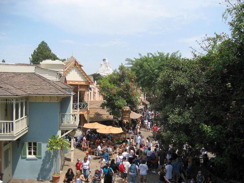 This is the view from the top of the stairs leading to the treehouse. Note that below me, throngs of people are passing by either on the left or the right.