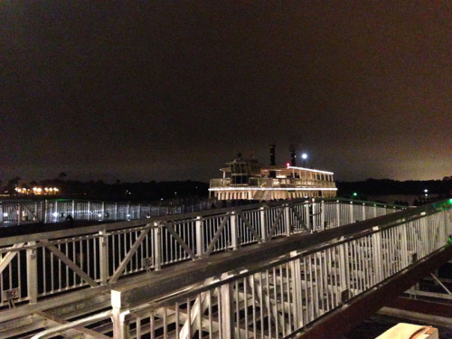 The new dock, still under construction at Magic Kingdom. The ferry in the distance is docking at the original dock.