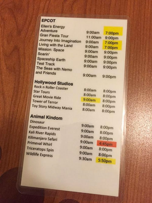 One of the many ride sheets we had. This one focused on ride opening/closing times