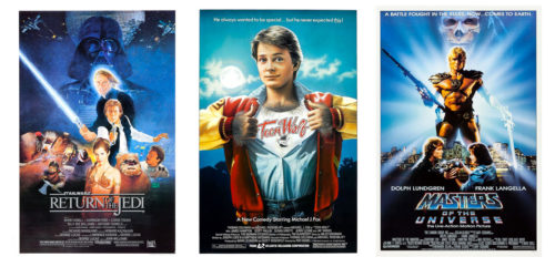 Movie posters for Return of the Jedi, Teen Wolf, and Masters of the Universe