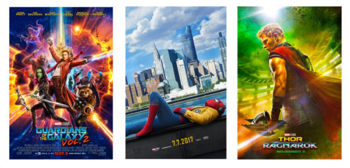 Marvel Cinematic Universe movie posters for 2017: Spider-Man Homecoming, Guardians of the Galaxy Volume 2, and Thor Ragnarok