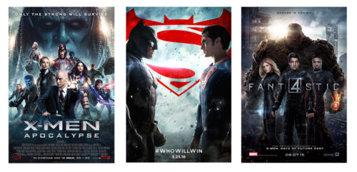 Non MCU movie posters for X-Men Apocalypse, Batman vs Superman, and Fantastic Four