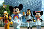 Mickey, Minnie, Pluto, and Goofy in rainbow suits at EPCOT Center