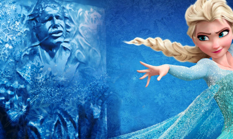 Elsa from Disney's Frozen casts a spell on Han Solo frozen in Carbonite