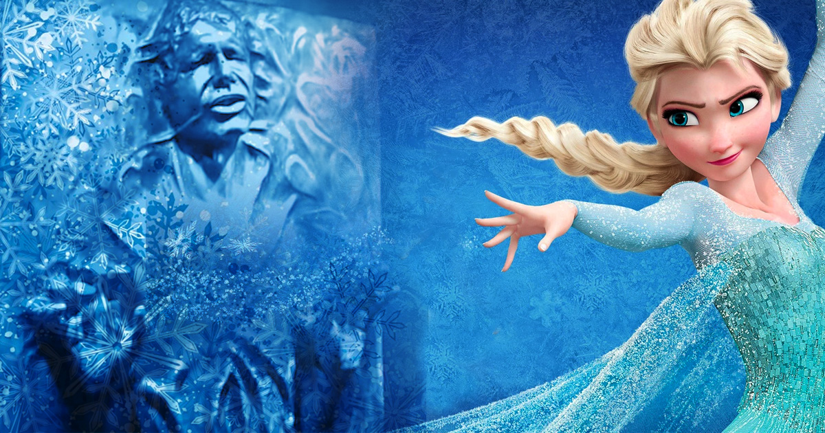 Elsa from Disney's Frozen casts a spell on Han Solo frozen in Carbonite