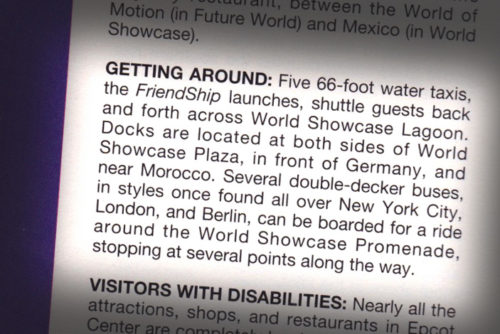 Excerpt from Birnbaum's Guide to Walt Disney World talking about Epcot double-decker bus