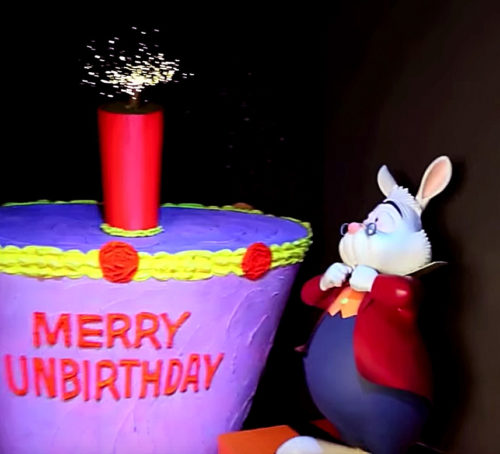 Disneyland's Alice in Wonderland dark ride dynamites the White Rabbit in an Unbirthday Cake