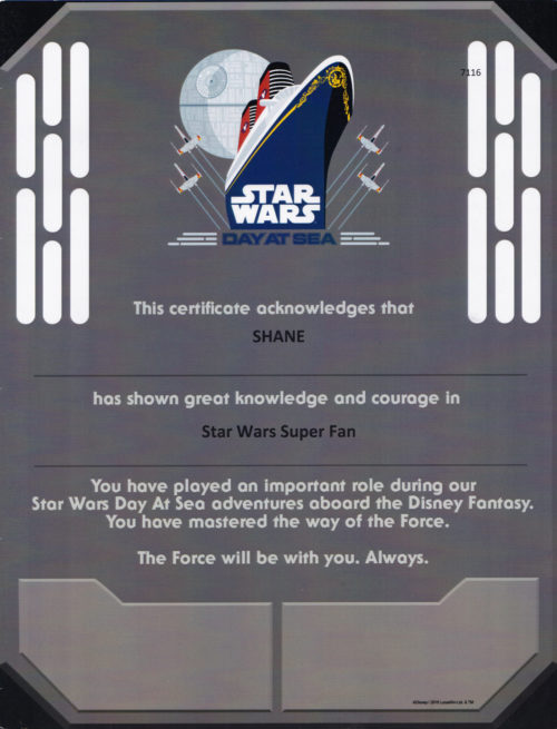 Star Wars Day at Sea super fan certificate