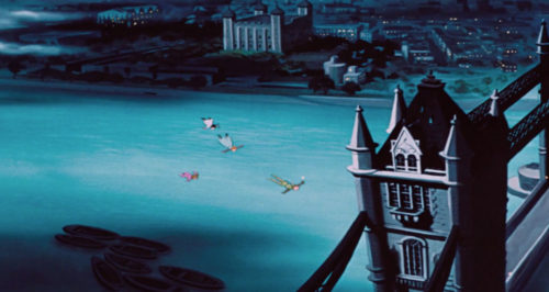 Peter Pan's flight over London to the Tower Bridge