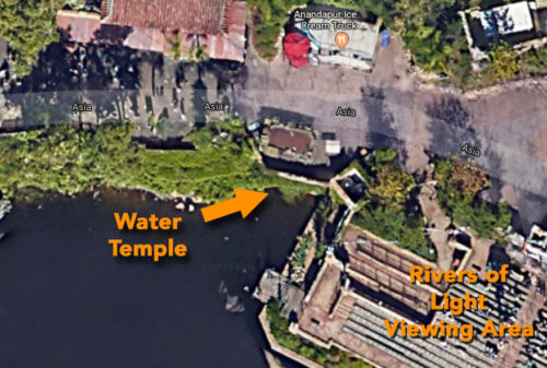 Animal Kingdom water temple shown next to Rivers of Light viewing area