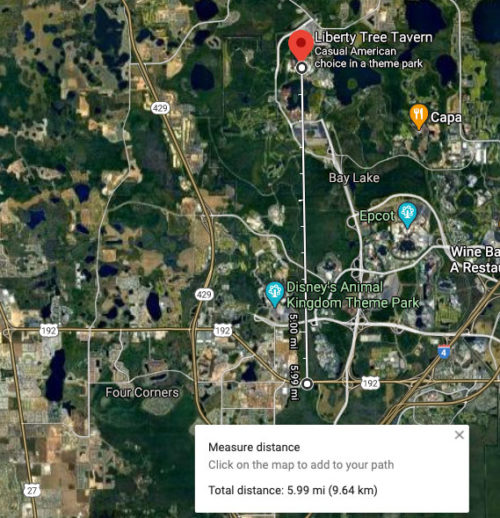 Google Maps shows 192 as exactly 6 miles from the Liberty Tree in Magic Kingdom