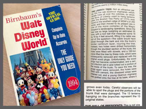 Birnbaum's Official Guide to Walt Disney World (1994) showcases many Liberty Tree details.