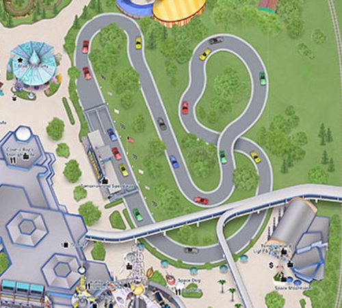 An overhead look at the Tomorrowland Speedway course