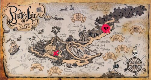 Map of Pirate's Lair on Tom Sawyer Island, showing location of skeleton riddle and Dead Man's Grotto riddle