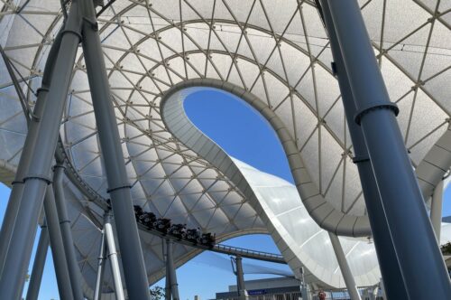 The Grid canopy at TRON Lightcycle Run by day.