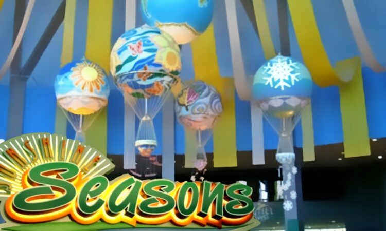 Hot air balloons over the Sunshine Seasons food court in The Land at Epcot