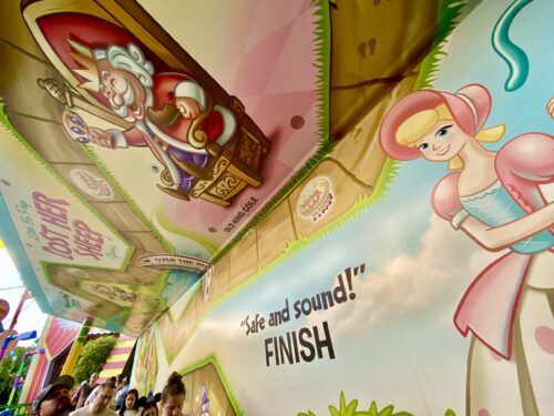 The game board for the Toy Story Board Game "Little Bo Peep Lost Her Sheep" covers part of the queue at Toy Story Mania in Disney's Hollywood Studios