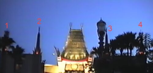All four of the obelisks are visible atop the Chinese Theatre at Disney-MGM Studios, prior to the start of Sorcery in the Sky