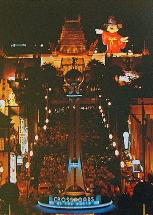Sorcerer Mickey on the roof of the Chinese Theatre, in this Disney postcard