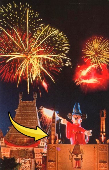 Disney postcard of Sorcery in the Sky, showing the Chinese Theatre spire not retracted