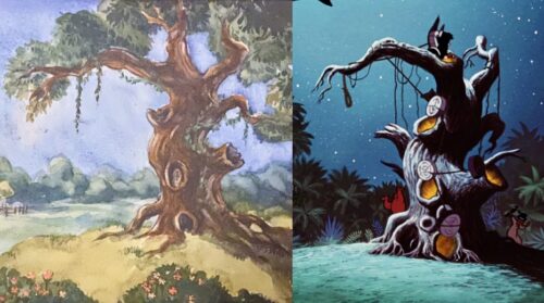 Peter Pan easter egg of Hangman's Tree in the interactive queue for Peter Pan's Flight, side-by-side with the movie version
