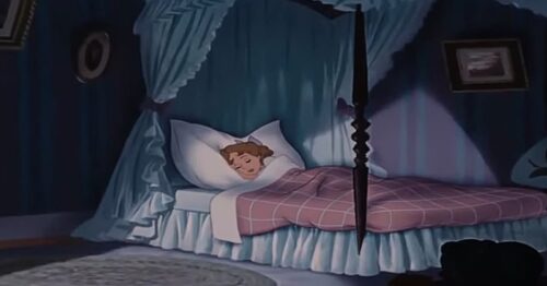 Wendy asleep in her bed, before Peter Pan shows up.