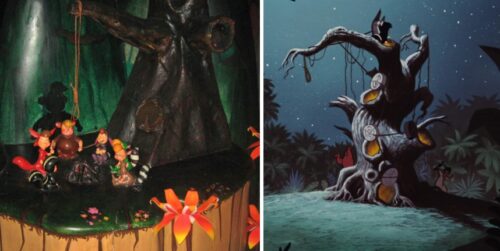 Hangman's Tree from Peter Pan's Flight at Magic Kingdom, next to the same Hangman's Tree in Peter Pan (1953)
